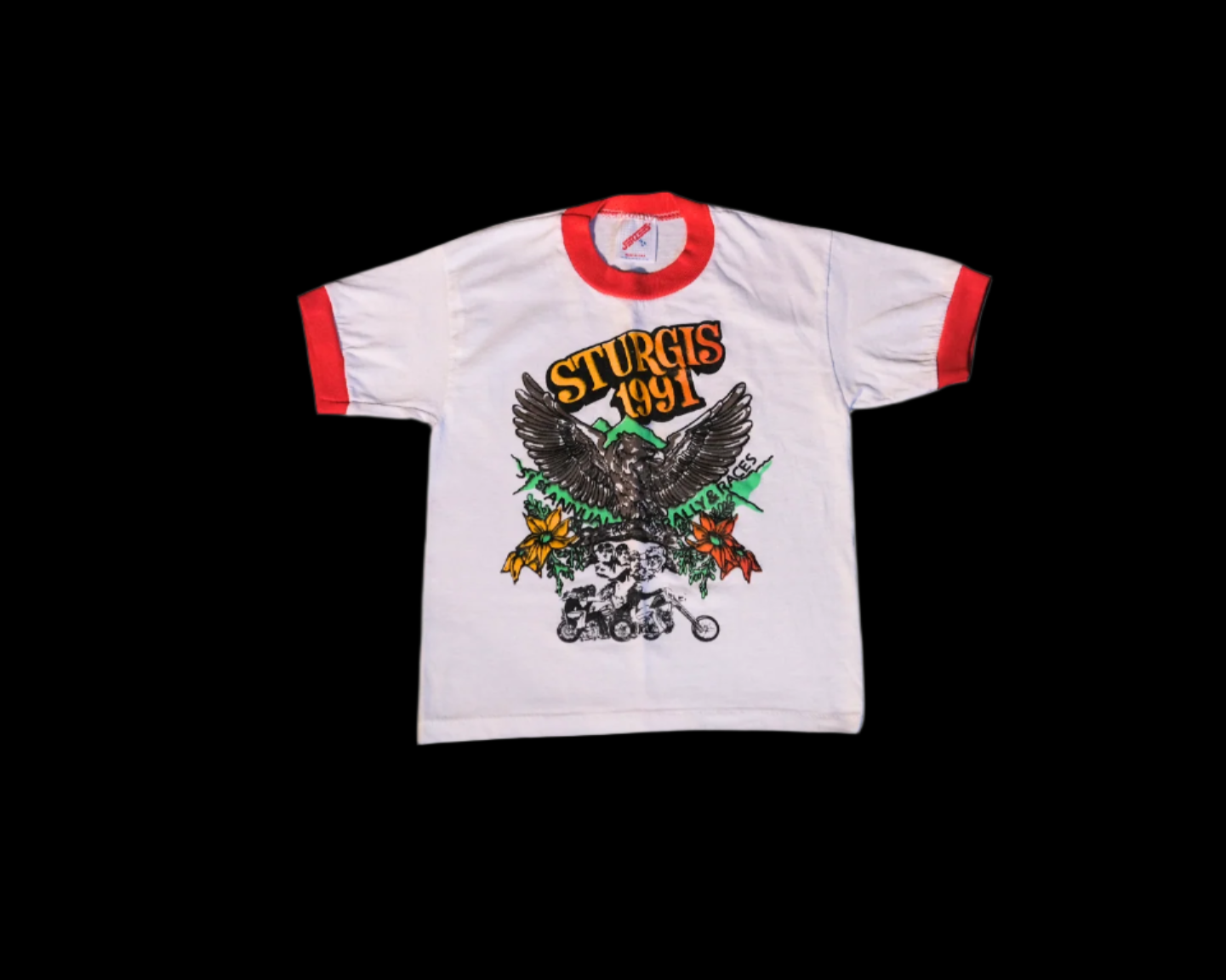 White t-shirt with red trim featuring an eagle graphic and text on a white background