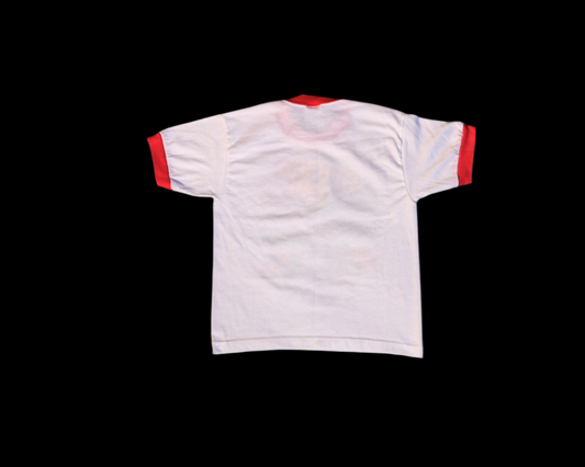 White sports jersey with red accents on a white background